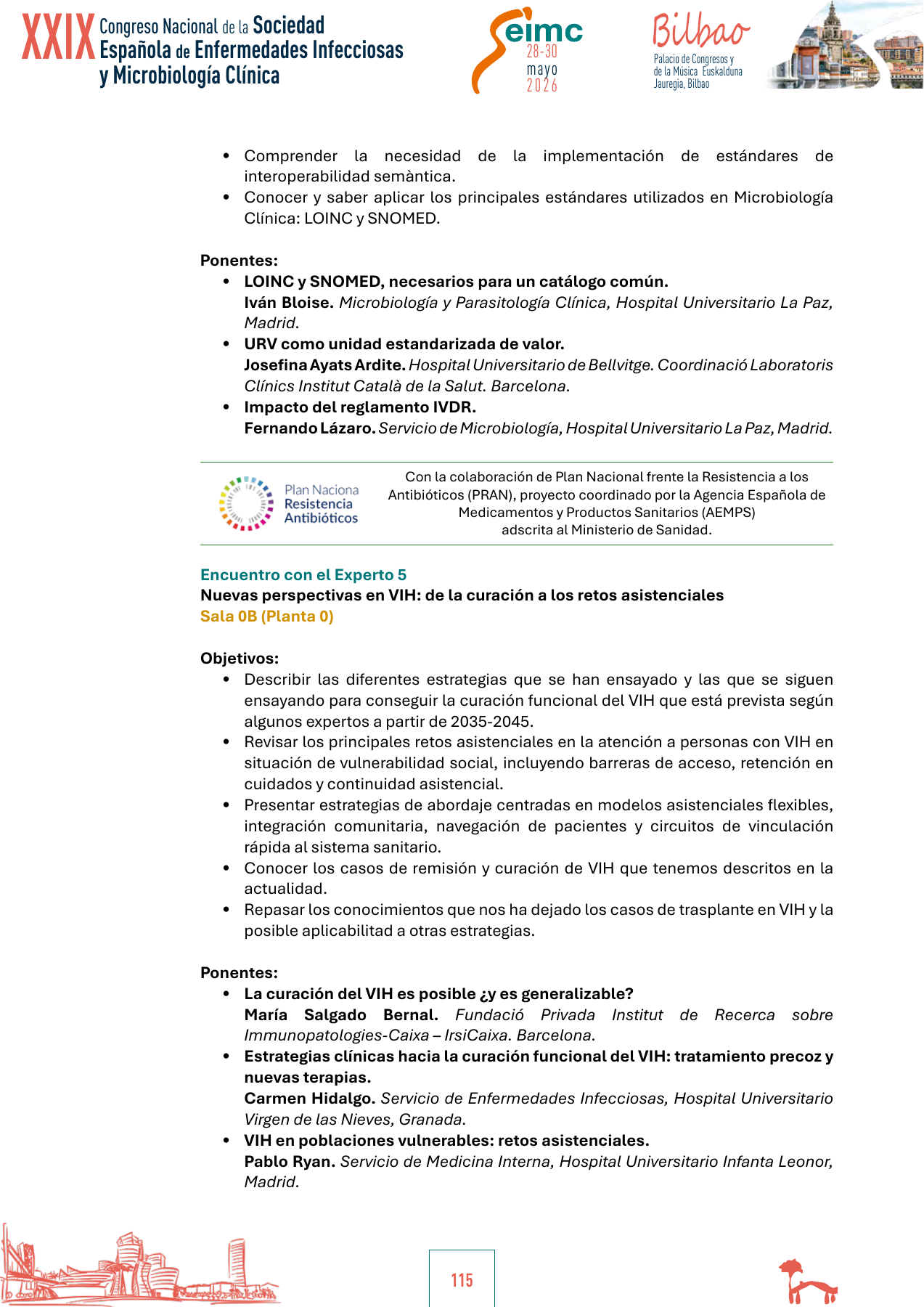 Stranica 115 službenog programa SEIMC 2026., na kojoj je naveden Pablo Ryan