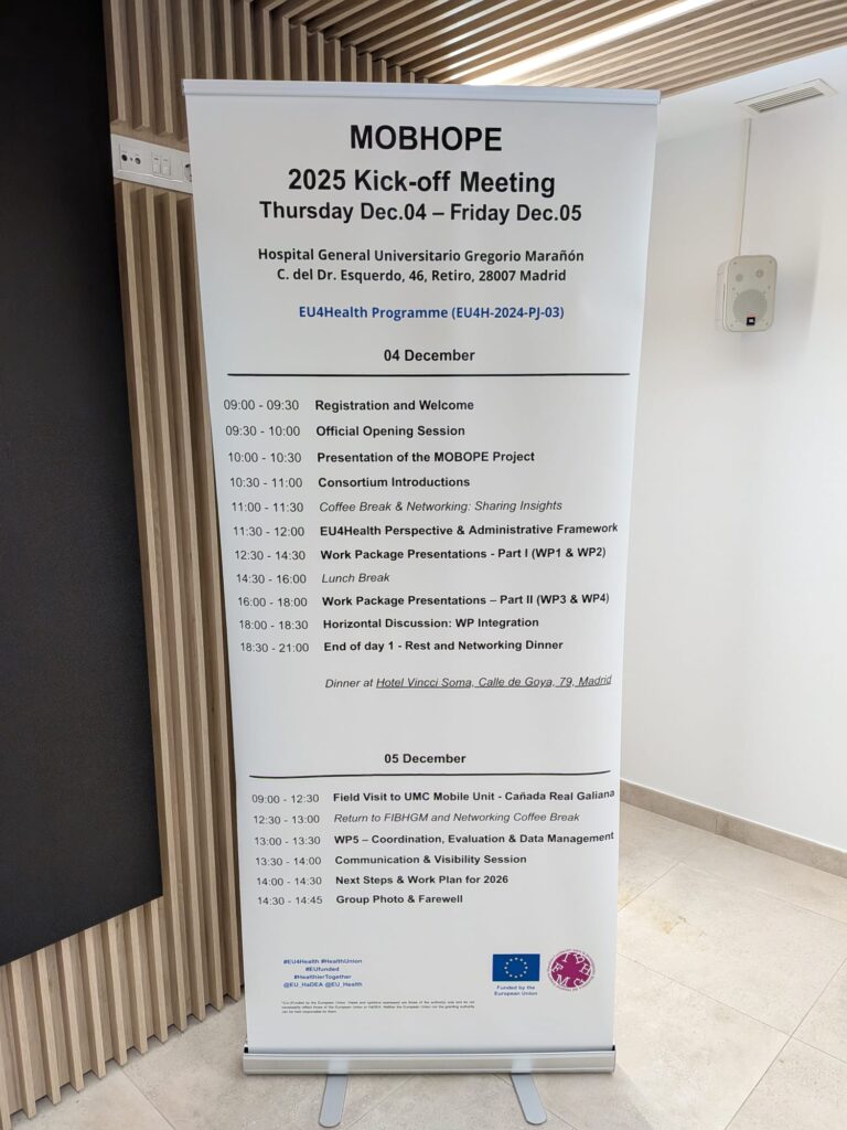 Programme poster for the MOBHOPE kick-off meeting, 4–5 December 2025, Hospital Gregorio Marañón, Madrid.