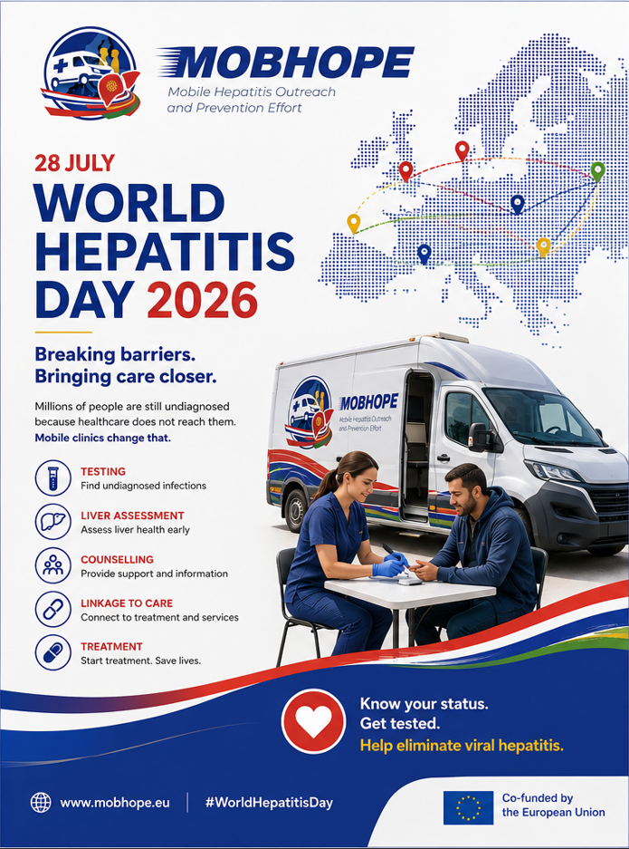 MOBHOPE World Hepatitis Day poster, 28 July 2026: mobile testing, liver assessment, counselling and access to treatment.
