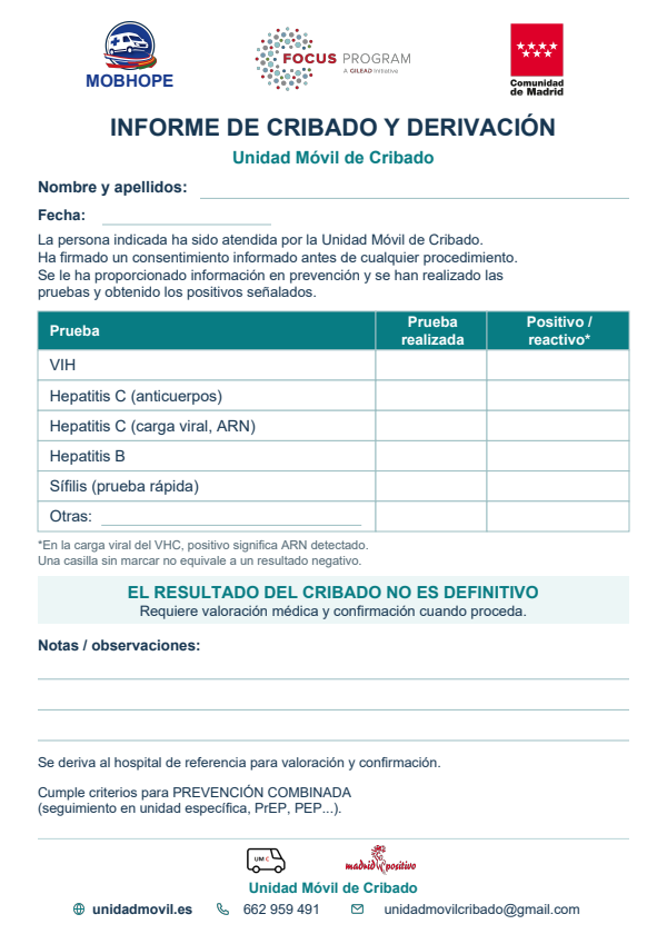 First page of the Spanish screening and referral form for UMC Madrid